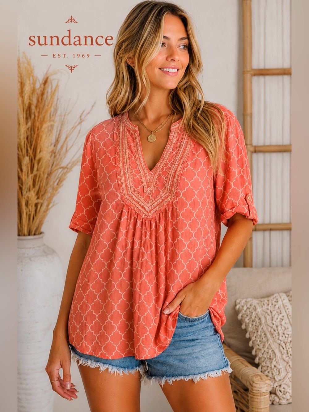 Sundance Boho Tunic Top Medium Coral Embroidered V Neck Moroccan Print Western X